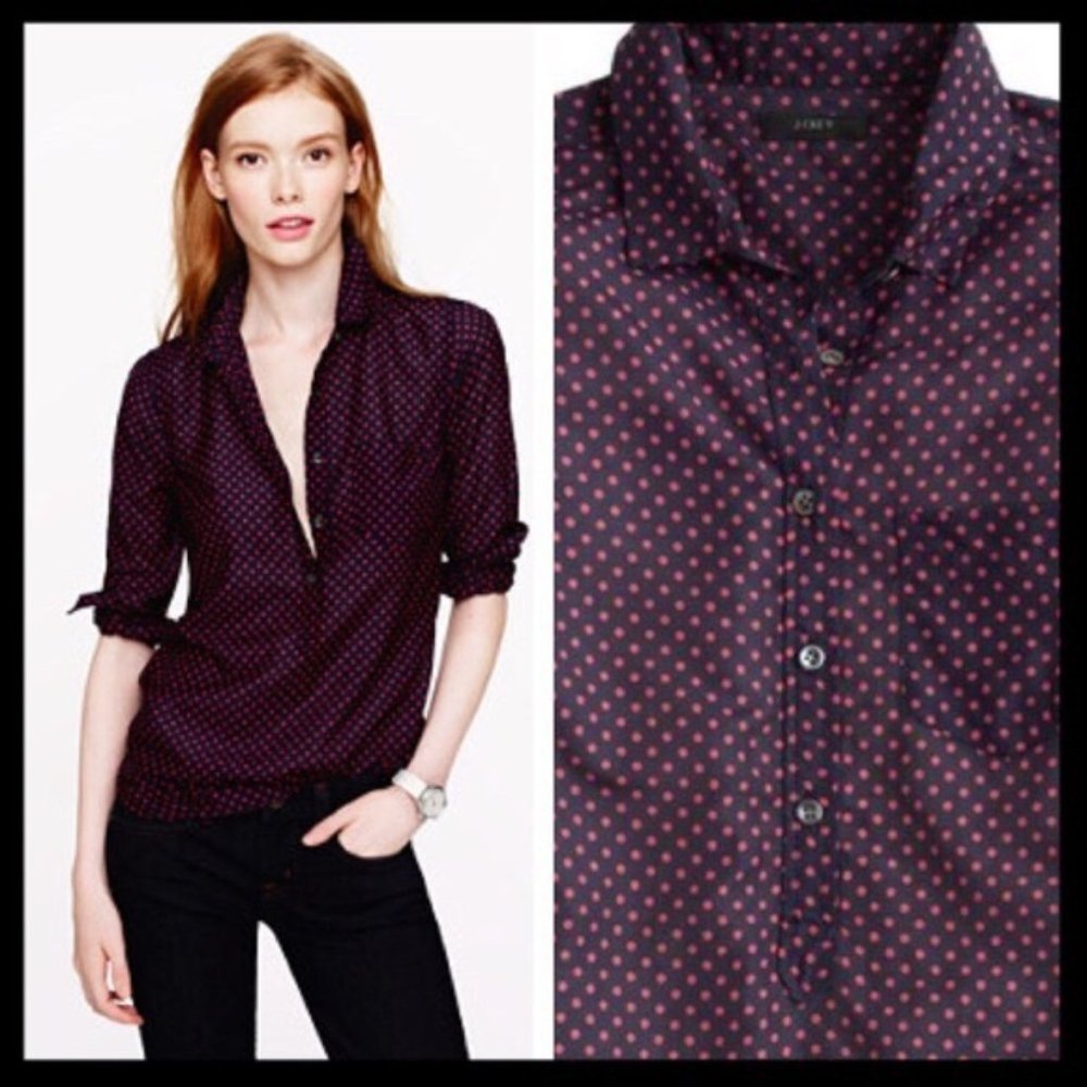 J Crew Cotton-Silk Voile Dot Popover Long Sleeve